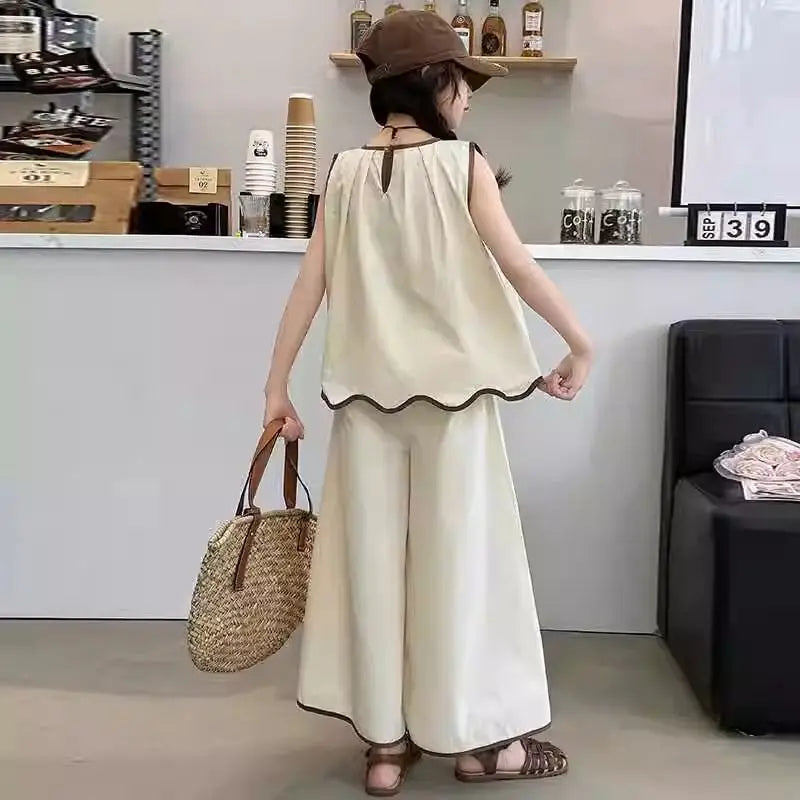 Girls Clothing Sets Fashion Summer Kids Loose Sleeveless Tshirts + Wide Pants 2PCS Casual Children Clothes 6 8 10 12 14 Years