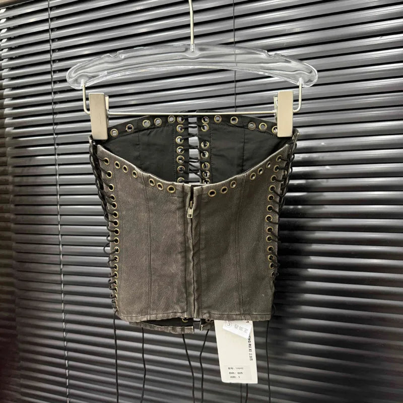 DEAT Fashion Vintage Bandage Design Hollow Out PU Short Strapless Vest For Women Outwear High Street Tank Tops Female 11A04791
