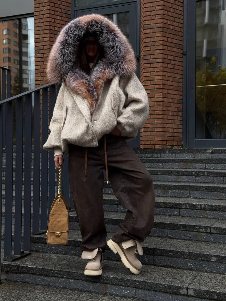 Chic Faux Fur Collar Patchwork Woolen Coat Women Casual Lapel Full Sleeve Zipper Loose Warm Coats Lady Commute Office Outerwears