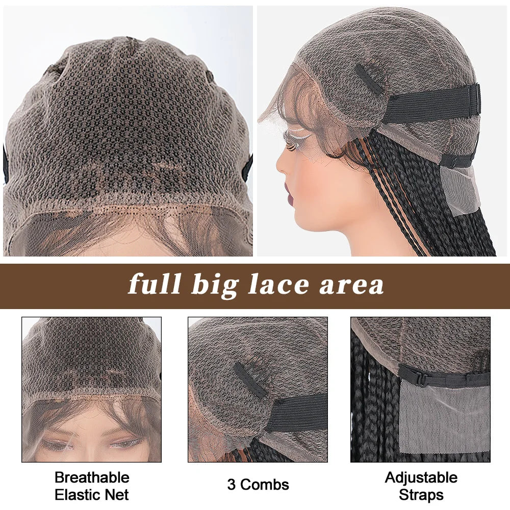 Small Square Knotless Box Braided Synthetic Wig 1BT30 Brown 30 Inch Full Double Lace Front Braided Wigs with Baby Hair For Women