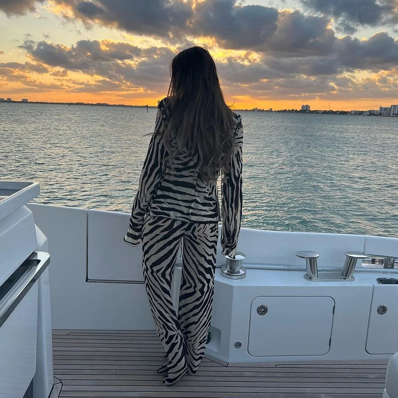 Cryptographic Animal Print Mesh Sheer Stripe Tie Front Detail Top Matching Sets Fashion Outfits 2 Piece Sets Holiday Beachwear