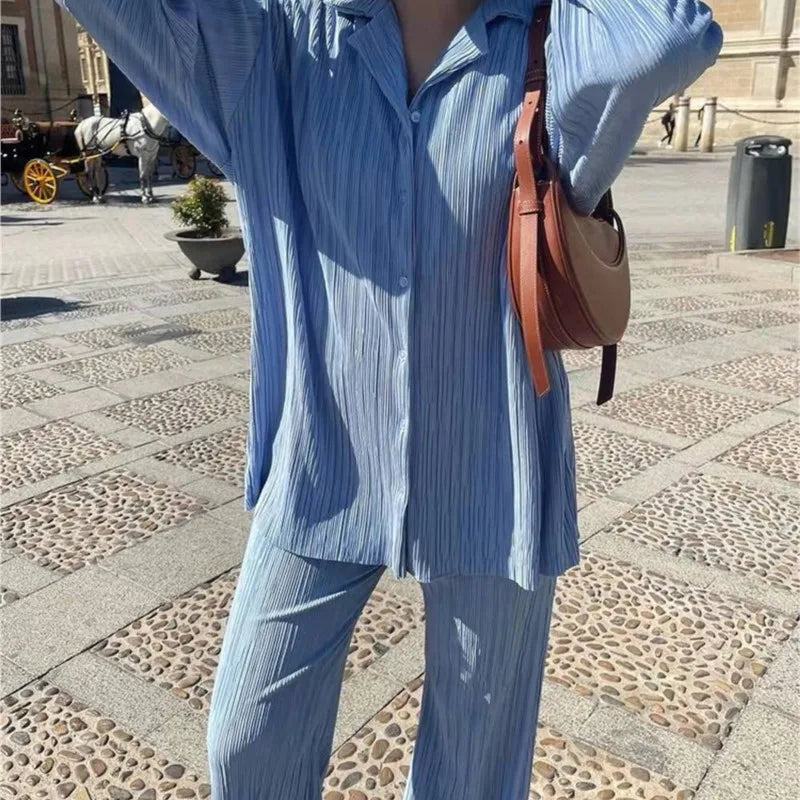 New Two Piece Set Women Outfits Pleated Women's Elegant  Drape Loose Sets Shirt High Waist Trousers Female Suit Fashion Casual