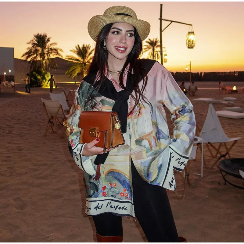 Floral Print Women Two Piece Set With Turn Down Collar Summer Casual Suit