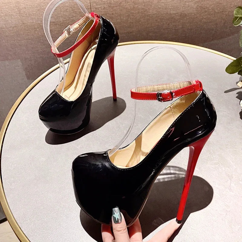 Eilyken 2026 New Sexy Extreme Thin High Heels Women Pumps Elegant Round Toe Buckle Strap Banquet Pole Dancing Sandals Shoes