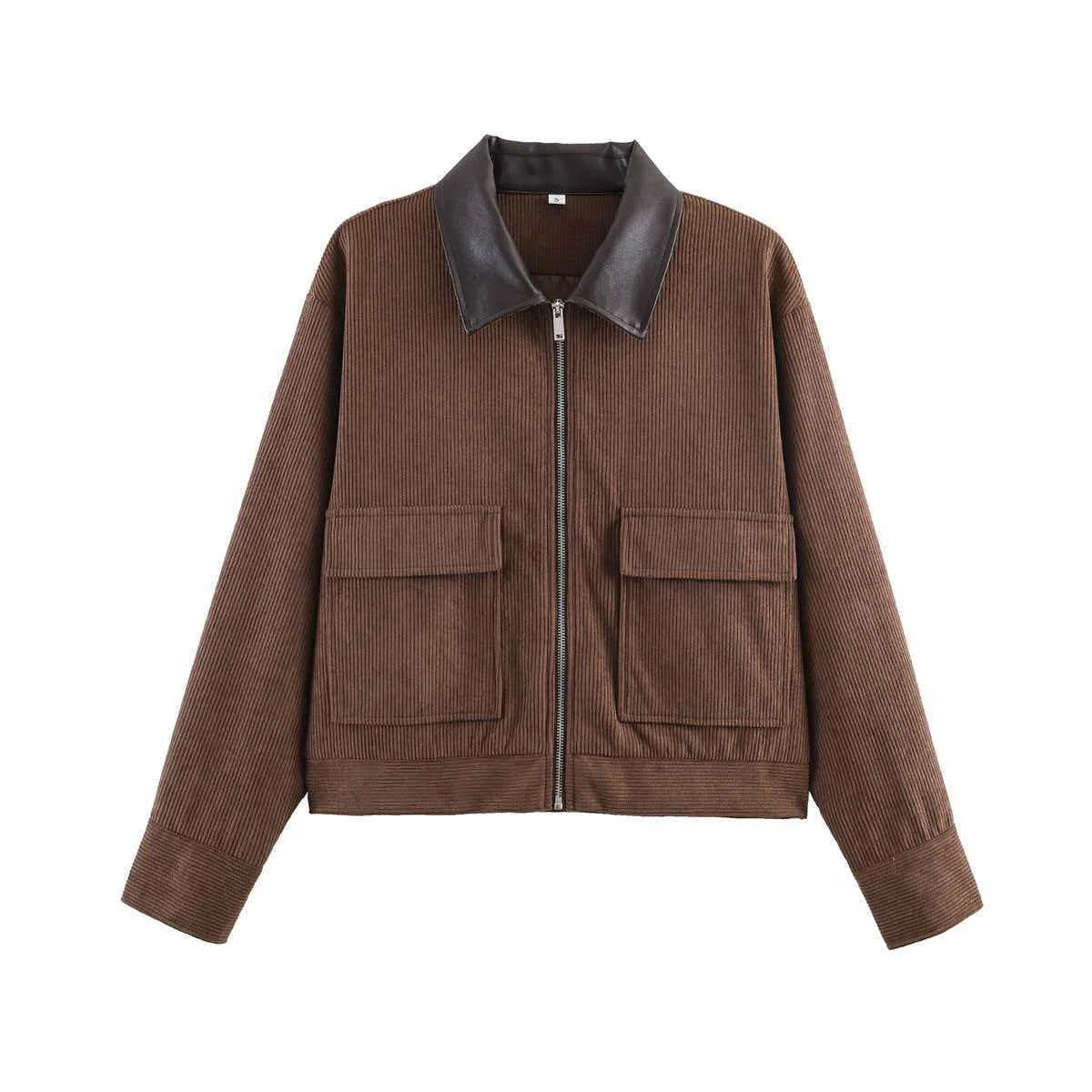 Women Pu Leather Collar Pink Cropped Jacket Corduroy Fashion Long Sleeve Zipper Coat 2026 New Lady Spring Chic Street Outwear