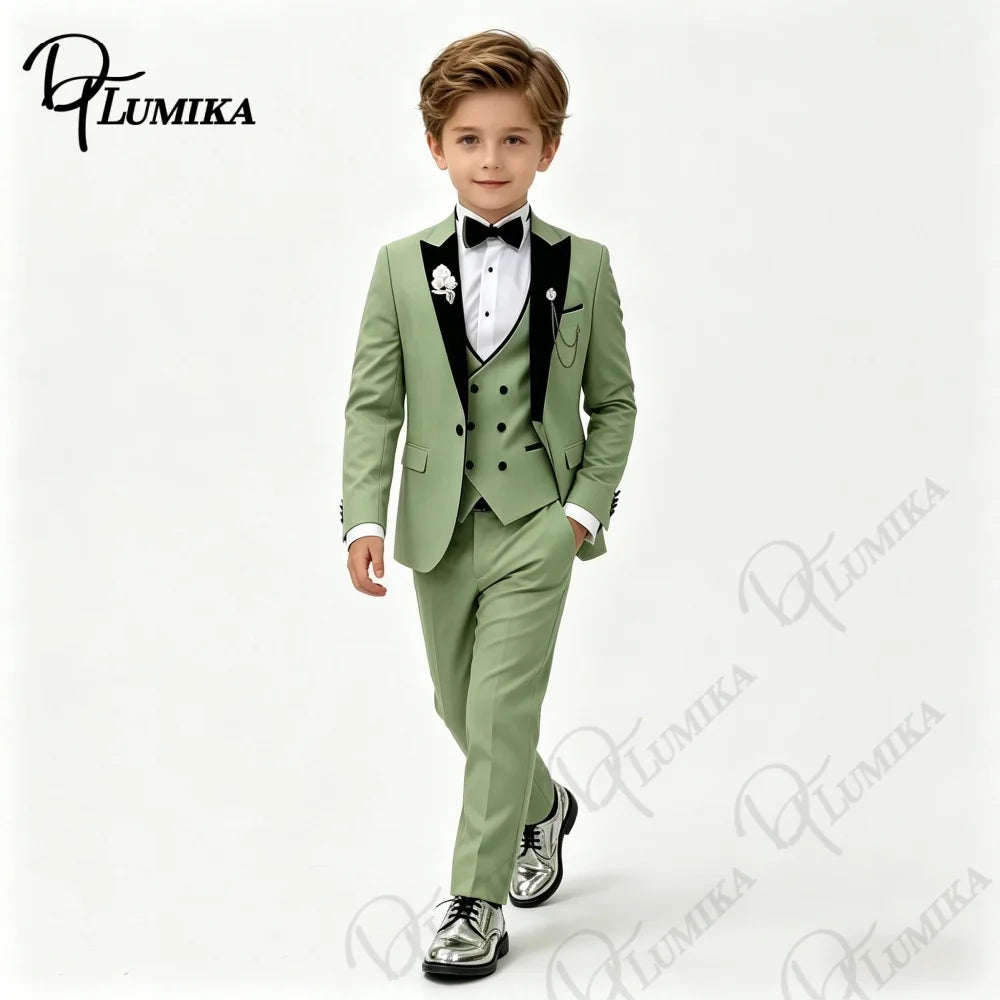 Boys Wedding Suit Jacket Vest Pants with Bowtie Tie Peak Lapel Kids Formal Tuxedo for Party Stage Prom Graduation Dress Outfit
