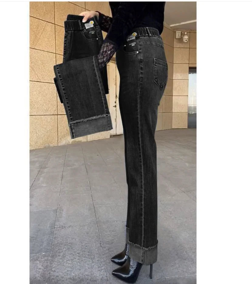 Plus Size Middle Aged Womens Jeans Elastic Waist High Waist Loose Denim Pants