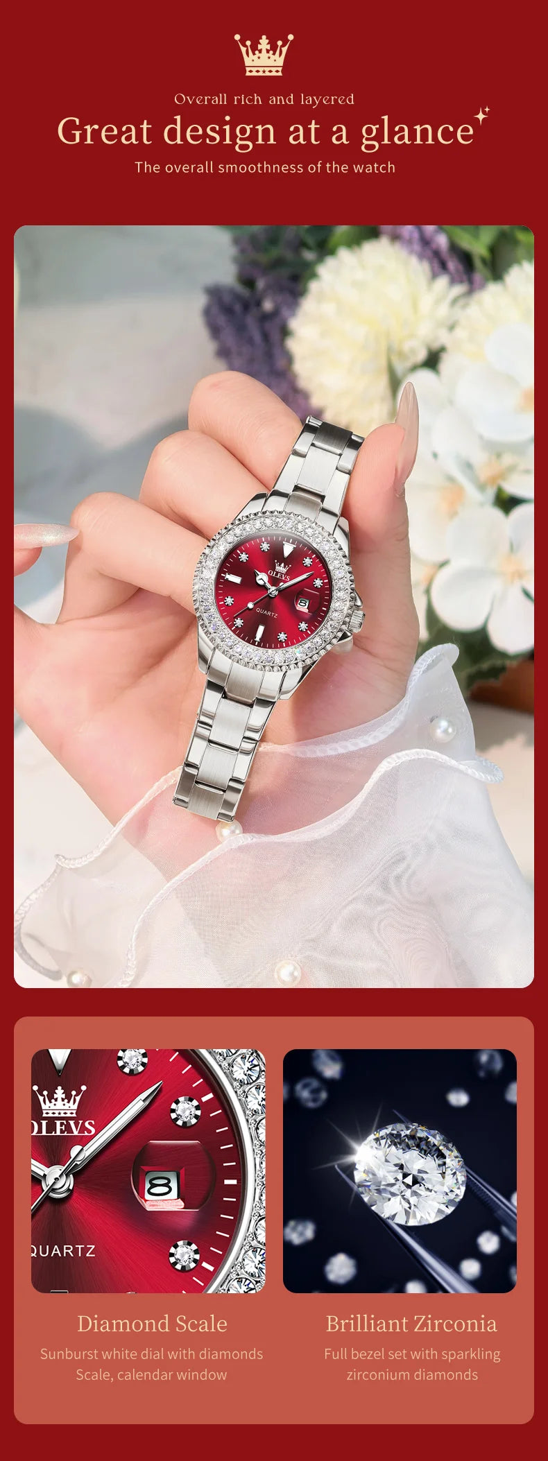 OLEVS New Elegant Women Wristwatch Waterproof Luminous Calendar Ladies Watch Stainless Steel Red Quartz Women's Watches Female