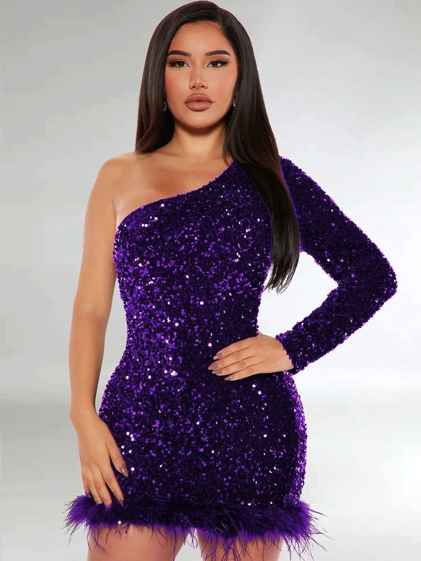 Sexy and Elegant Women's Party Dress Long Sleeved Diagonal Shoulder Off Shoulder Sparkling Edge Sequin Tight Women's Prom Dress