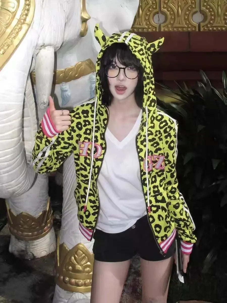 Leopard Print Zip-up Hoodie Harajuku Casual Clothing Outerwears Women's Sweatshirt New Style Outdoor Clothes Woman Sweatshirts