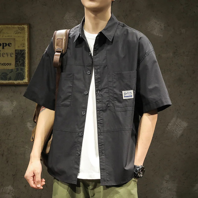 American Casual Short Sleeve Shirt For Men Summer Fashion Comfortable T-shirt 2026 New High Street Plain Lapel blouses hombre