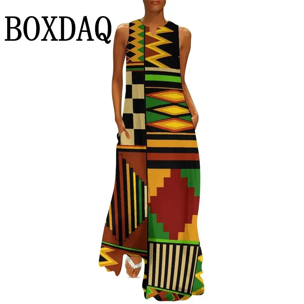 African Ethnic 3D Print Dress Summer Women Street Style Casual Sleeveless Long Dresses Women Loose Sundress Vintage Maxi Dresses