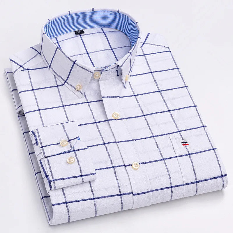 Men's Classic Plaid Oxford Long Sleeve Shirts Pocket 100% Cotton Business Casual Formal Standard Fit Workwear Button Down Shirts