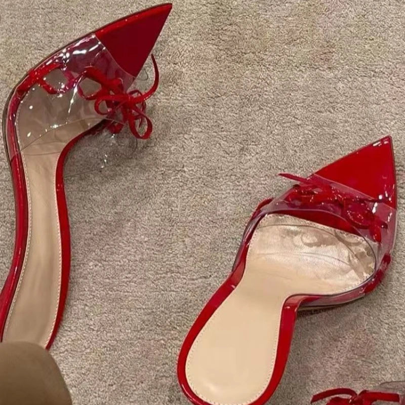 Women's Fashion Pointy Open Toe Transparent Band Butterfly Knot Set Foot Non-slip Slippers Summer Super High Heels