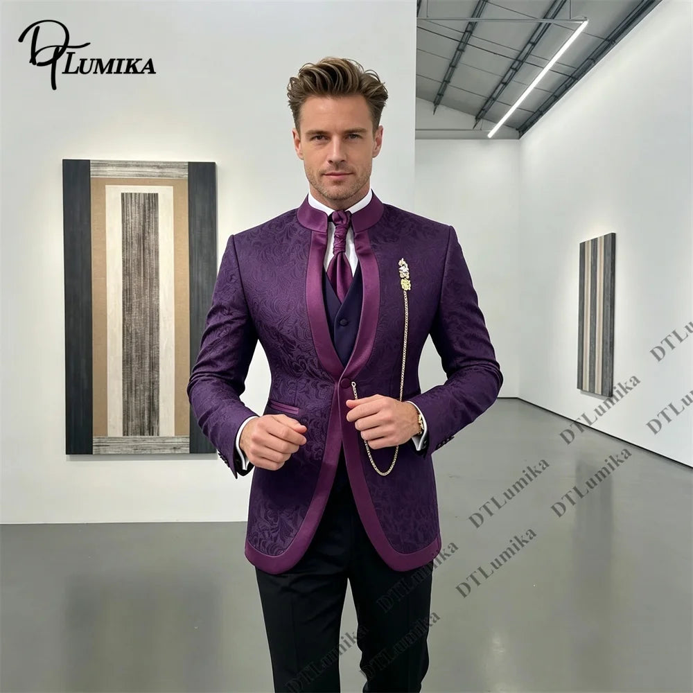 Jacquard Three-Piece Men’s Suit (Jacket + Waistcoat + Trousers) One Button Customized Men's Black-Tie Party Tuxedo Big & Tall