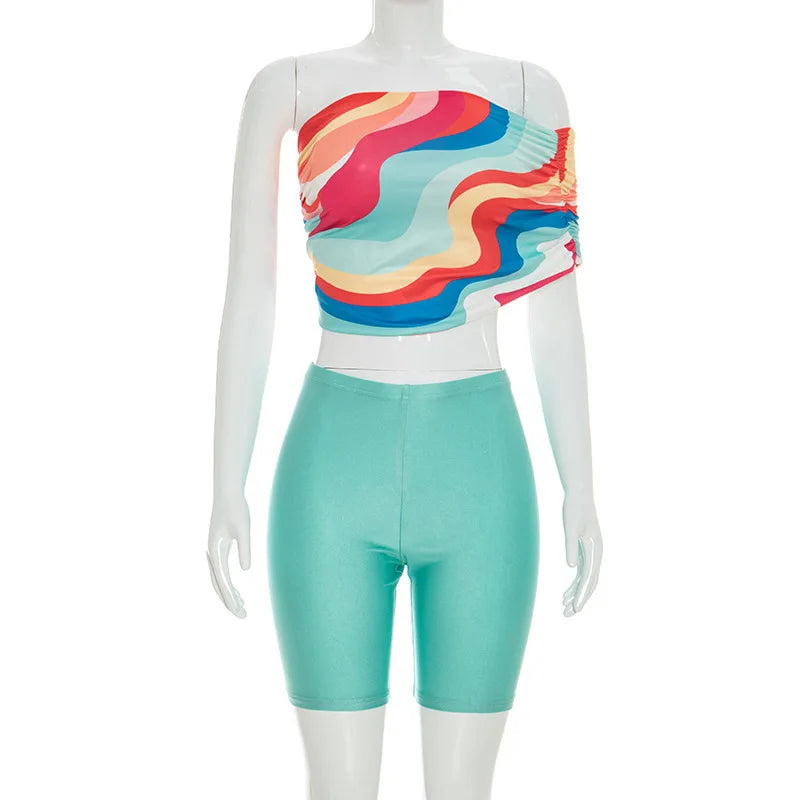 Sexy 2 Piece Set Women Clothes One Shoulder Printed Crop Top and Tight Biker Shorts Matching Sets Outfit Female Streetwear