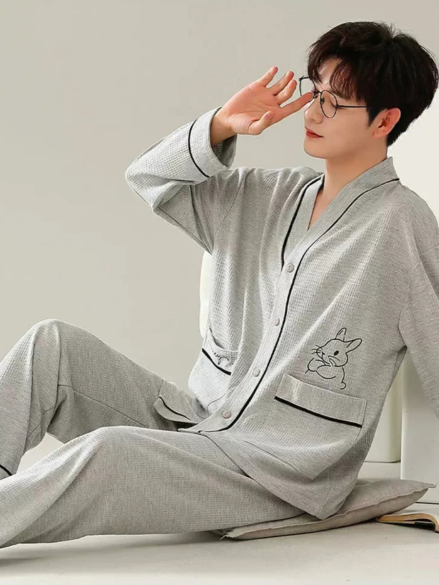 Pajamas for Men Spring and Autumn Long-Sleeved Young Men's Simple Casual Lapel Autumn and Winter Home Wear Set
