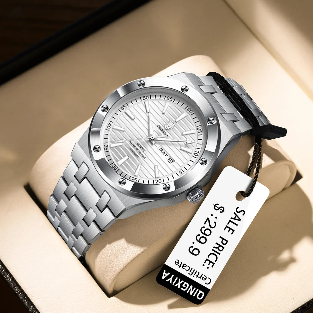 QINGXIYA New Mens Quartz Watches Top Brand Luxury Week Date Man Wristwatch Stainless Steel Waterproof Luminous Sports Men Watch