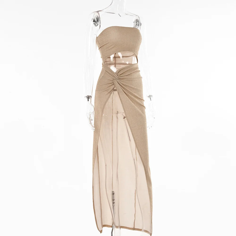 Cryptographic Summer Sexy Strapless Cut Out Slit Maxi Dress Elegant Outfits for Women Sleeveless Glitter Twist Dresses Vestido