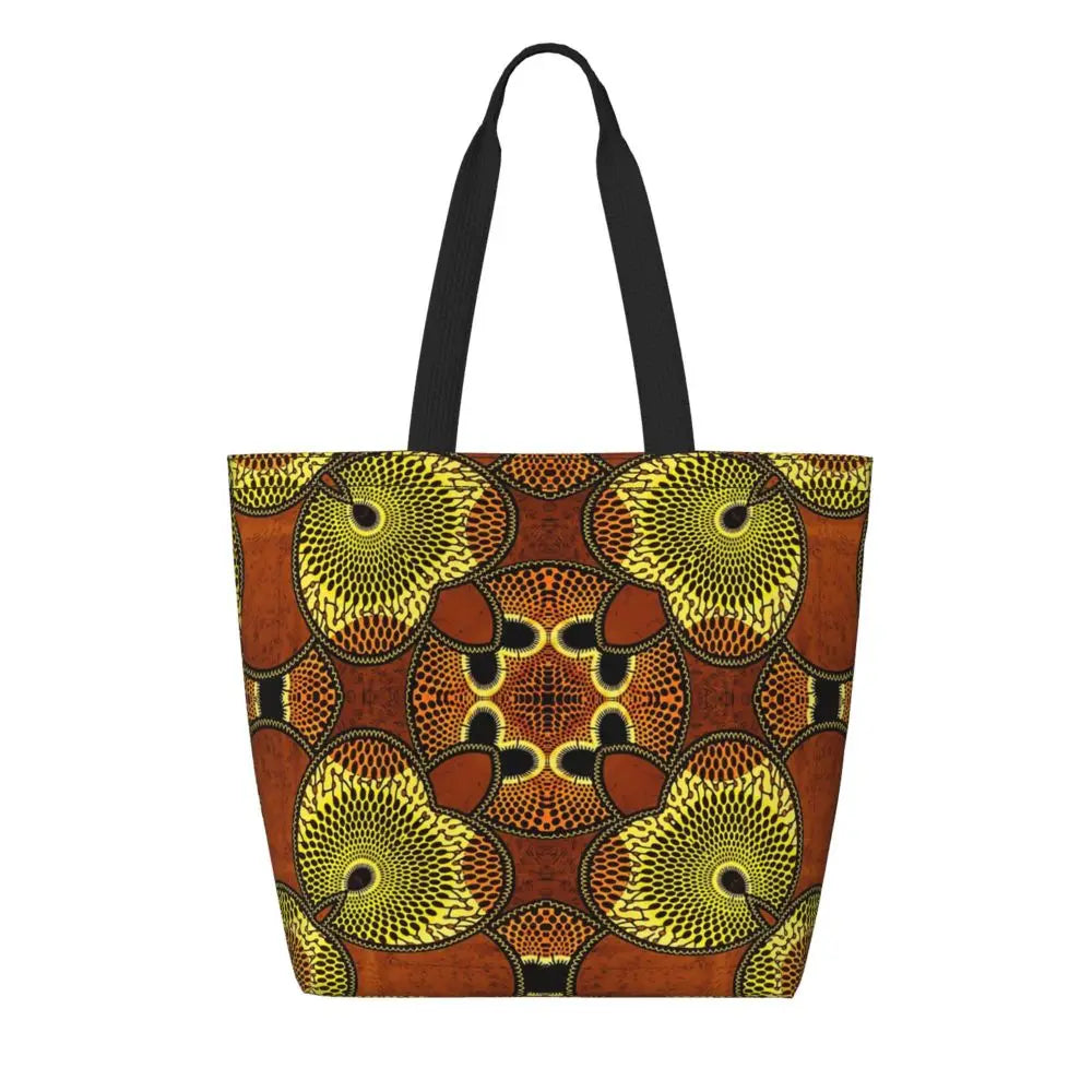 African Ankara Prints Grocery Shopping Tote Bags Women Geometric Ethnic Art Canvas Shoulder Shopper Bags Big Capacity Handbag
