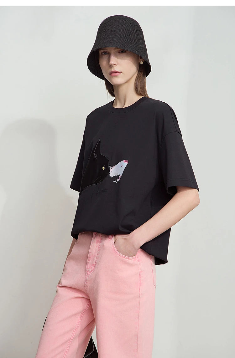 AMII Summer Casual T-shirt for Women 2025 Print Round Neck Short Sleeve Shirts Lady Fashion New Loose Clothes Woman 12522007