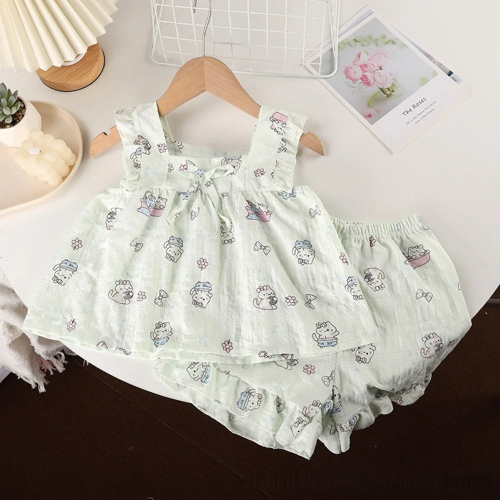 2026 Summer Girls Casual Clothes Set Strap Dress Top Floral Print Shorts Outfits Skin Friendly Playwear 2-8Y Kids Suits