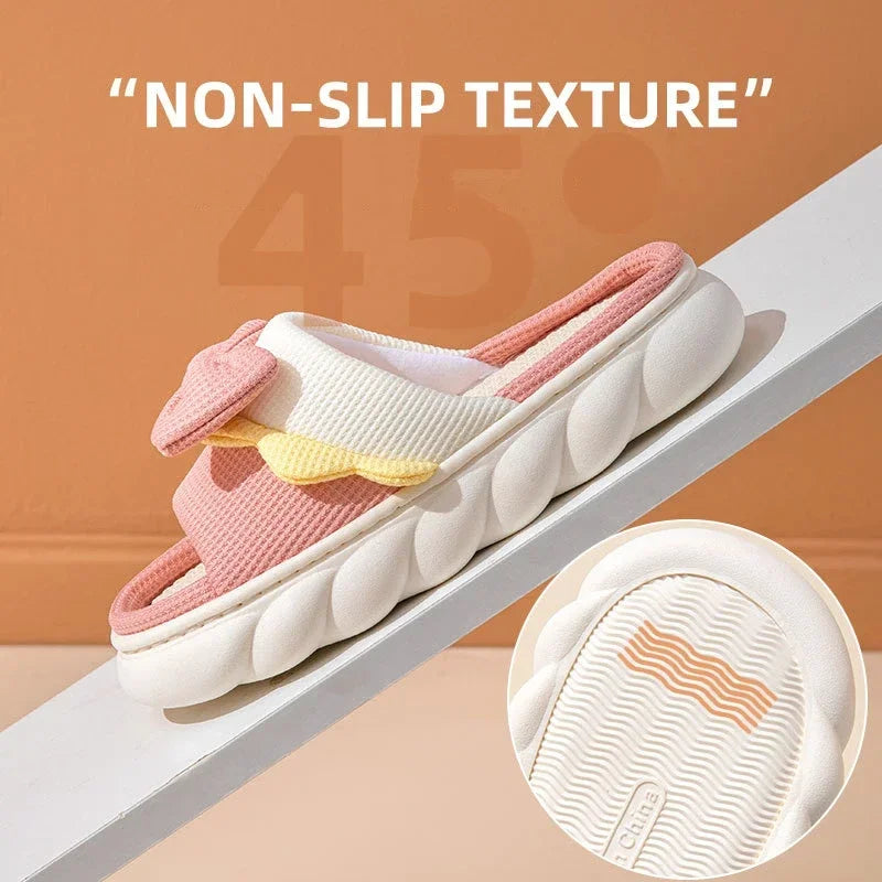 Linen Slippers Women Indoor Slippers Comzy Anti-Slip House Cotton Shoes  Cute Bowknot Flat Slipper Couples Slides Spring Summer