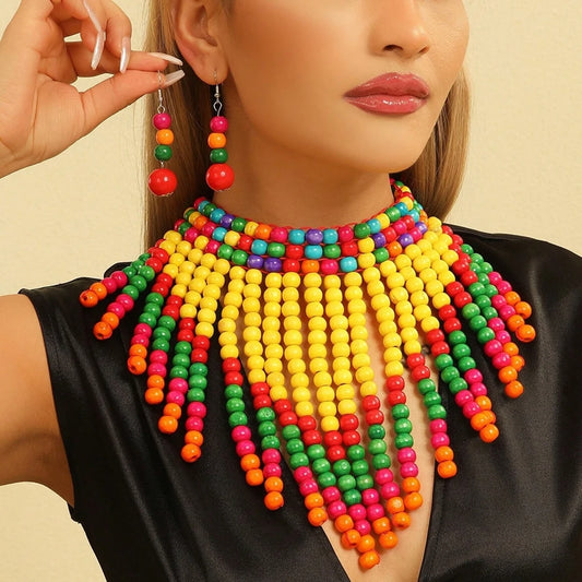 African Ethnic Colorful Wooden Bead Handmade Woven Bib Necklace And Earring Jewelry Set For Women's Vacation Accessories