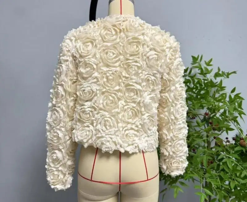 Spring and Autumn Simple Pure Color Round Neck Tops with Three-Dimensional Flower Shaped Texture Long Sleeved Jacket for Women