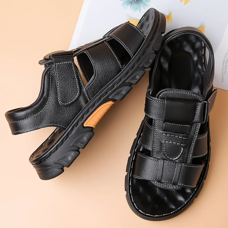 Men's Sandals Adjustable Solid Color Shoes Summer Casual Comfort with Durable Rubber Sole, Breathable PU for Outdoor Walking
