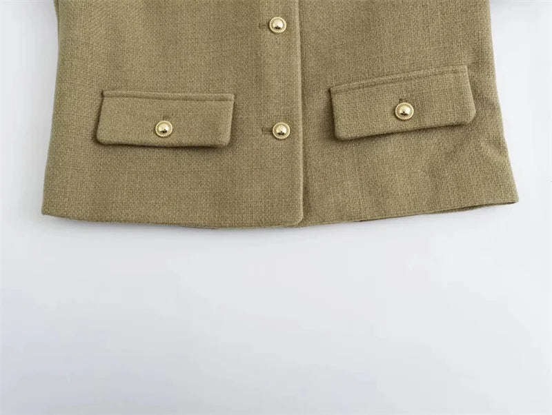 MUJER Tweed Cropped Jacket Woman Long Sleeve Vintage Jacket Woman Fashion Button Elegant Jackets For Women New In Short Coats