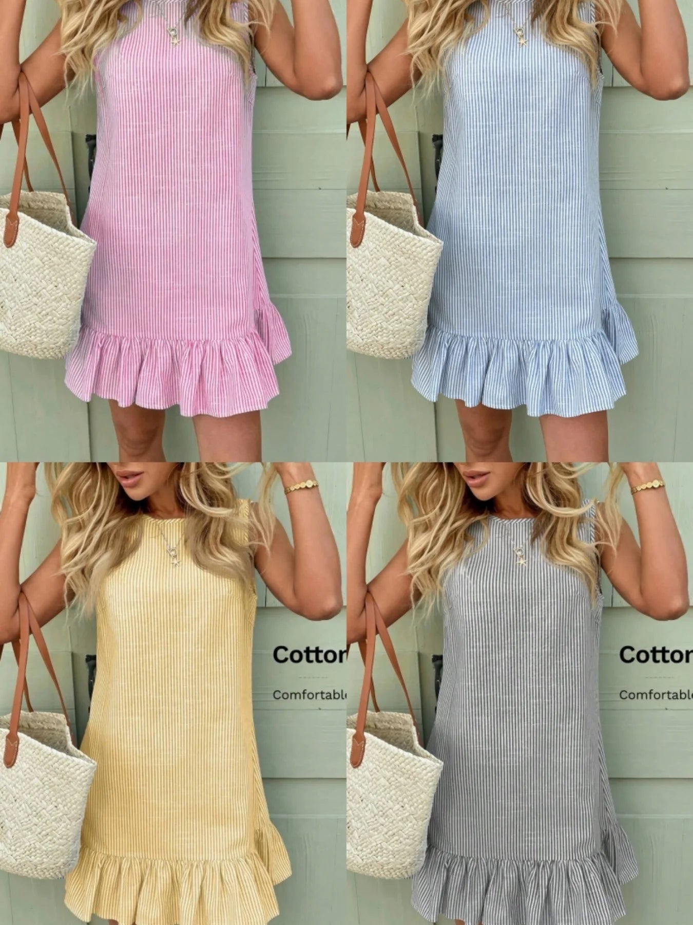 Casual Ruffle  Dress Striped Sleeveless City Commute Summer Fashion Ladies' H-Style Loose Fit round Neckline Polyester