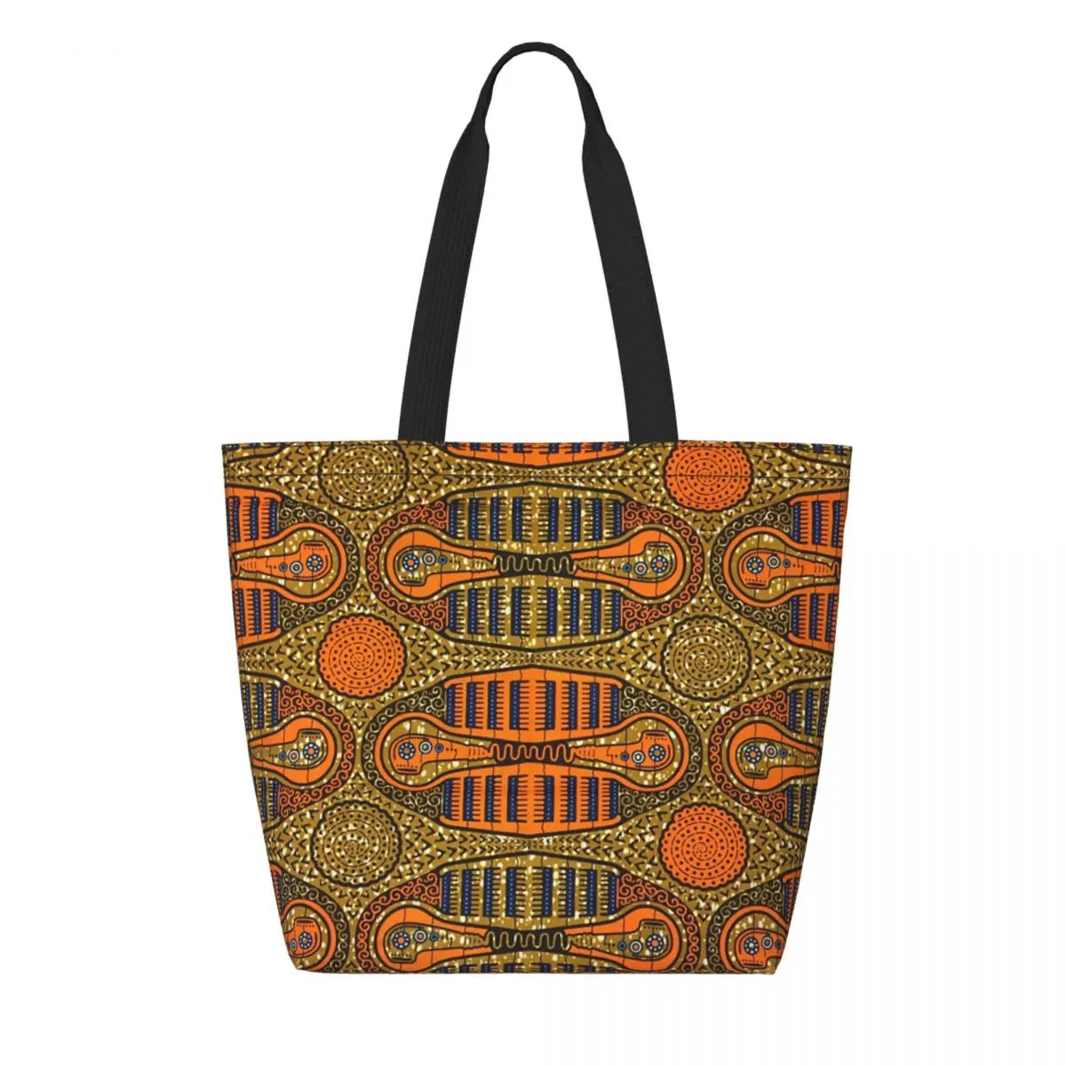 African Ankara Prints Grocery Shopping Tote Bags Women Geometric Ethnic Art Canvas Shoulder Shopper Bags Big Capacity Handbag