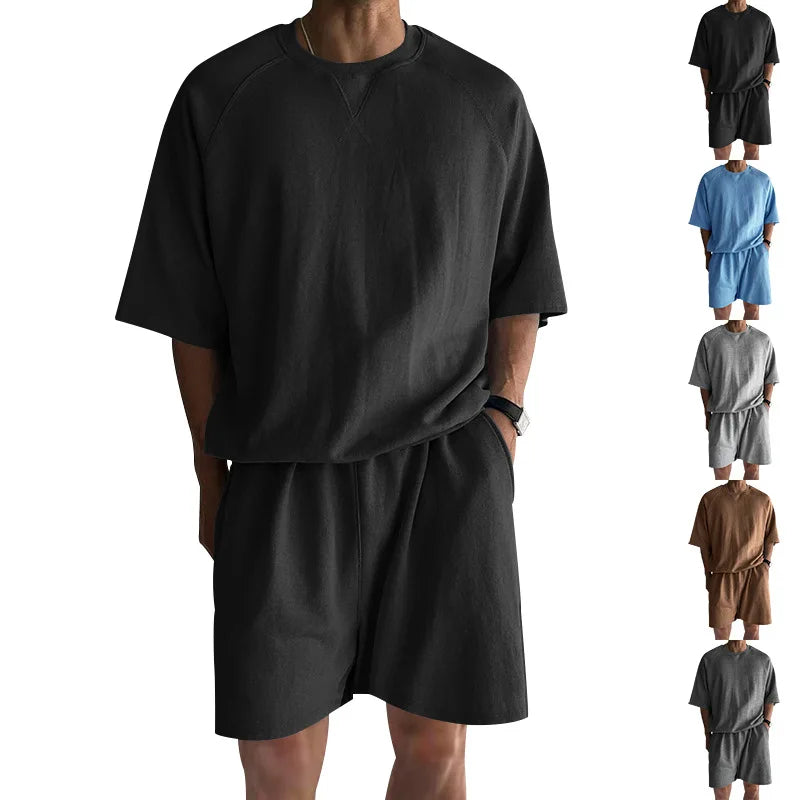 New 2026 Summer Men's Two Piece Sets Casual Loose Short Sleeve O Neck Tees and Shorts Tracksuits Men Stylish Solid Color Suits