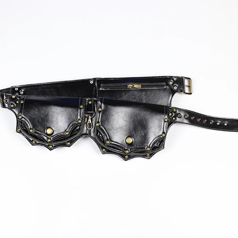Women's Waist Bag Medieval Steampunk Pu Leather Belt Bag Retro Cosplay Costume Props Rivet Mountain Climbing Outdoor Sports Bag