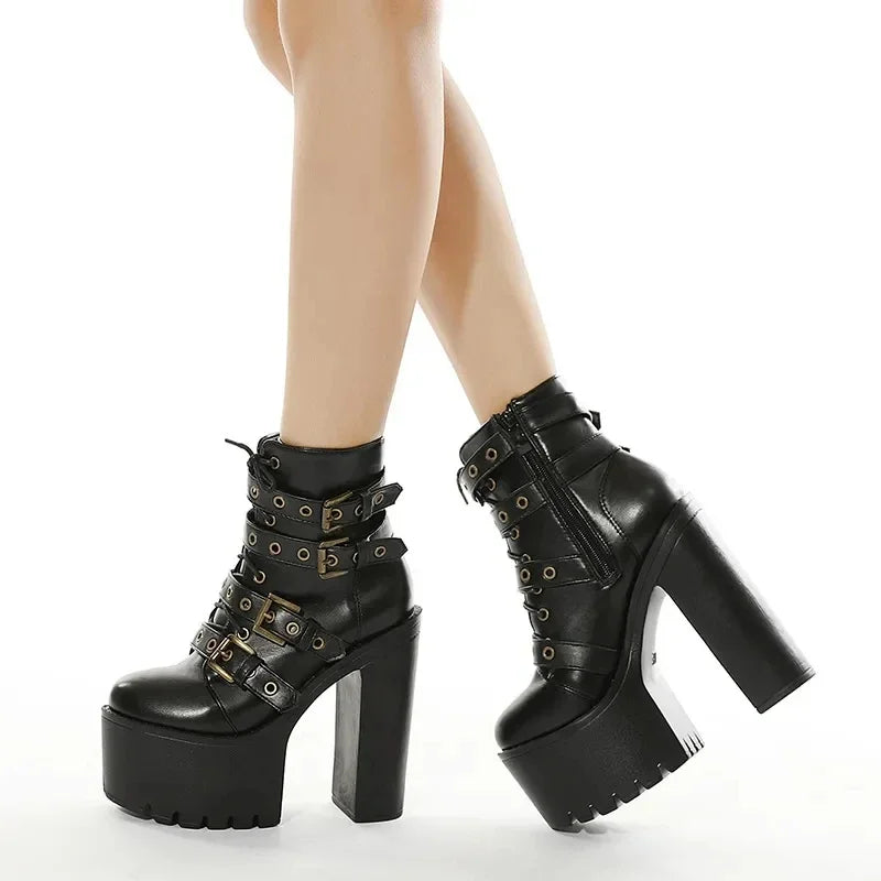 Zip Up Platform Ankle Boots High Heels Round Head Black Leather Goth Studded New Rock Combat Punk Women Shoes On Offer