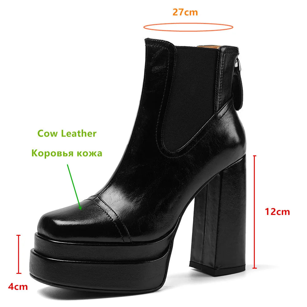 Aucegi Women Genuine Leather Back Zipper Ankle Boots Fashion Square Toe Platform Thick High Heels Party All Match Casual Shoes