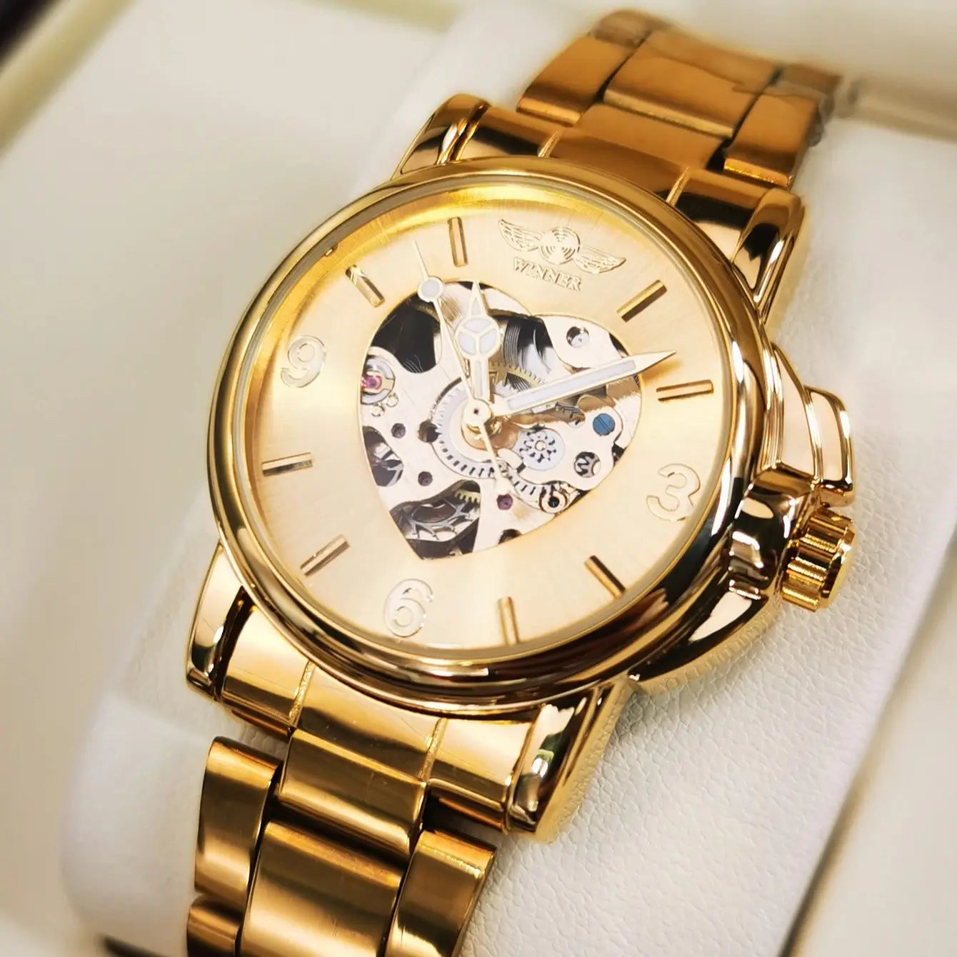 WINNER Fashion Elegant Ladies Watches Top Brand Luxury Skeleton Gold Automatic Mechanical Watch for Women Stainless Steel Strap