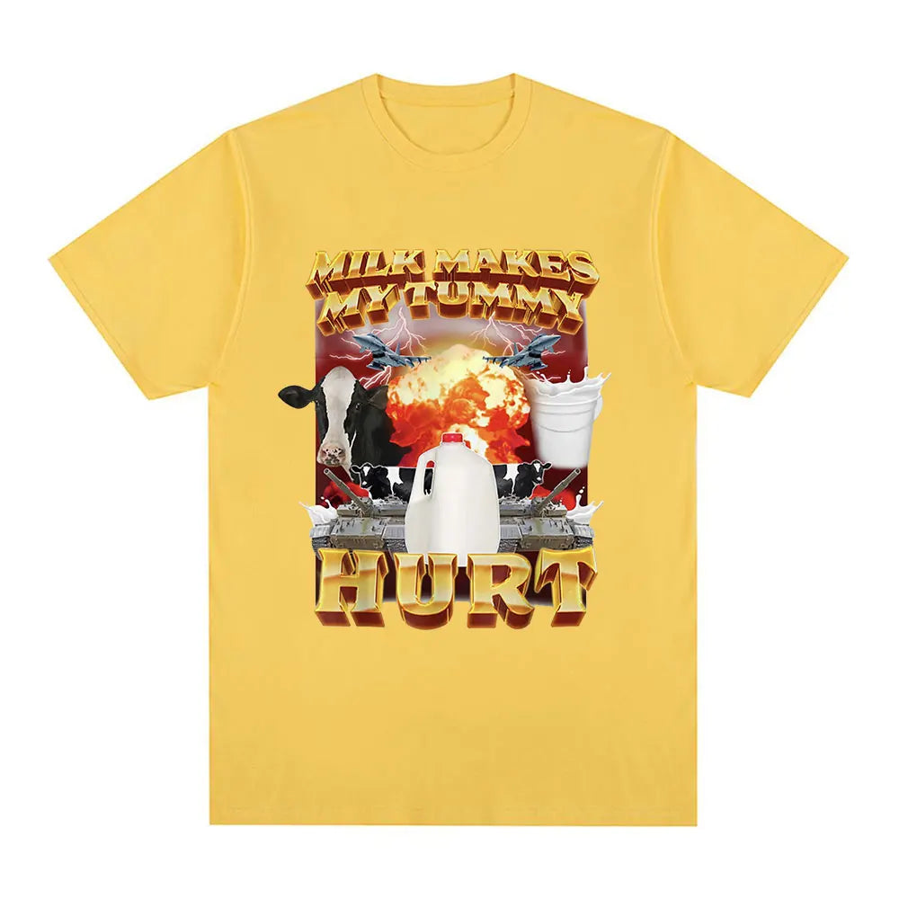 Milk Makes My Tummy Hurt T-shirt Lactose Tolerant Funny Meme Graphic T Shirt Men Fashion Vintage Hip Hop Short Sleeve T-shirts