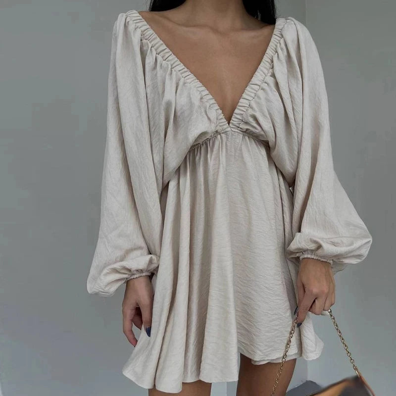 NHKDSASA Women Elegant Solid Loose Dress Summer Casual Long Sleeve Ruffle Dress Ladies Fashion V Neck A-line Party Dress Vestido