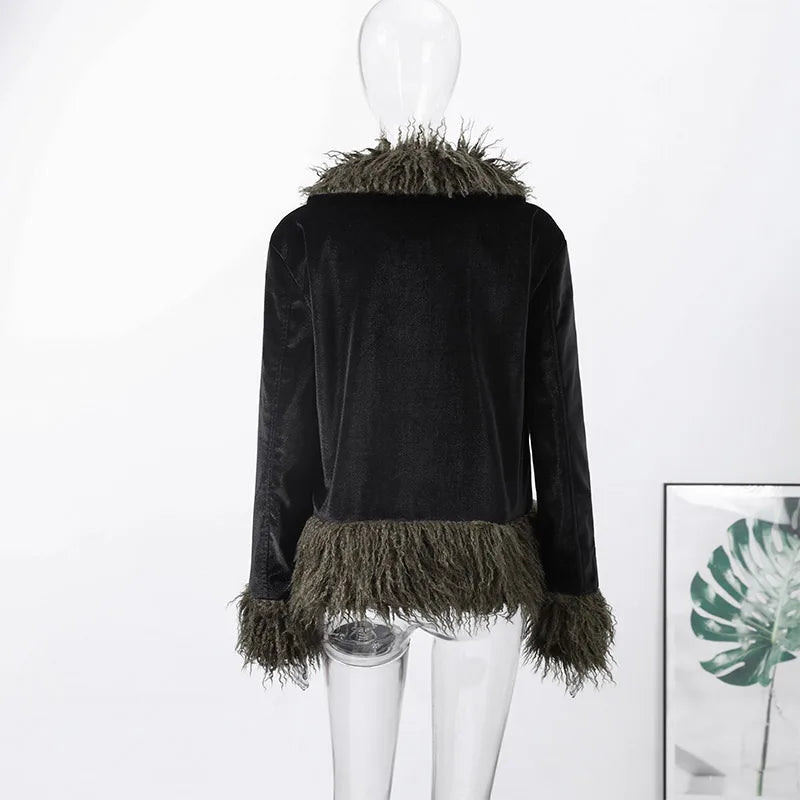 Vintage Patchwork Women's Faux Fur Trim Coat Urban Lapel Full Sleeve Female Jacket Female 2026 Autumn Winter Lady Streetwear New