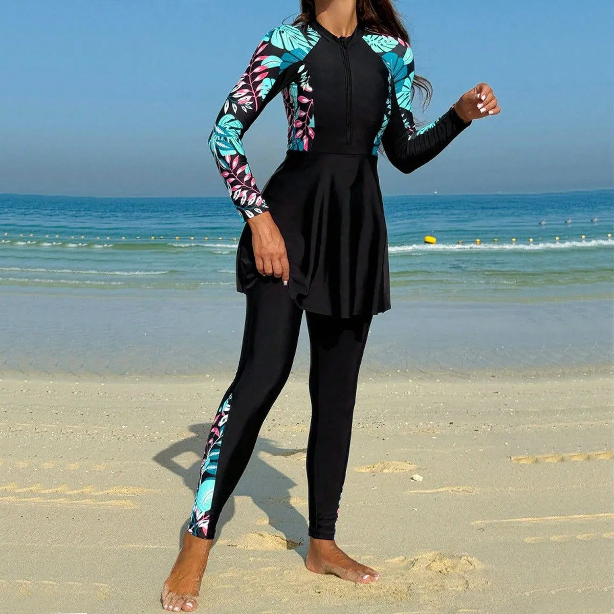 Burkini Femmes Swimwear Long Sleeve Black Tunic Swimsuit Full Leggings Front Zipper Swimming Suit Sun Protection Two Piece