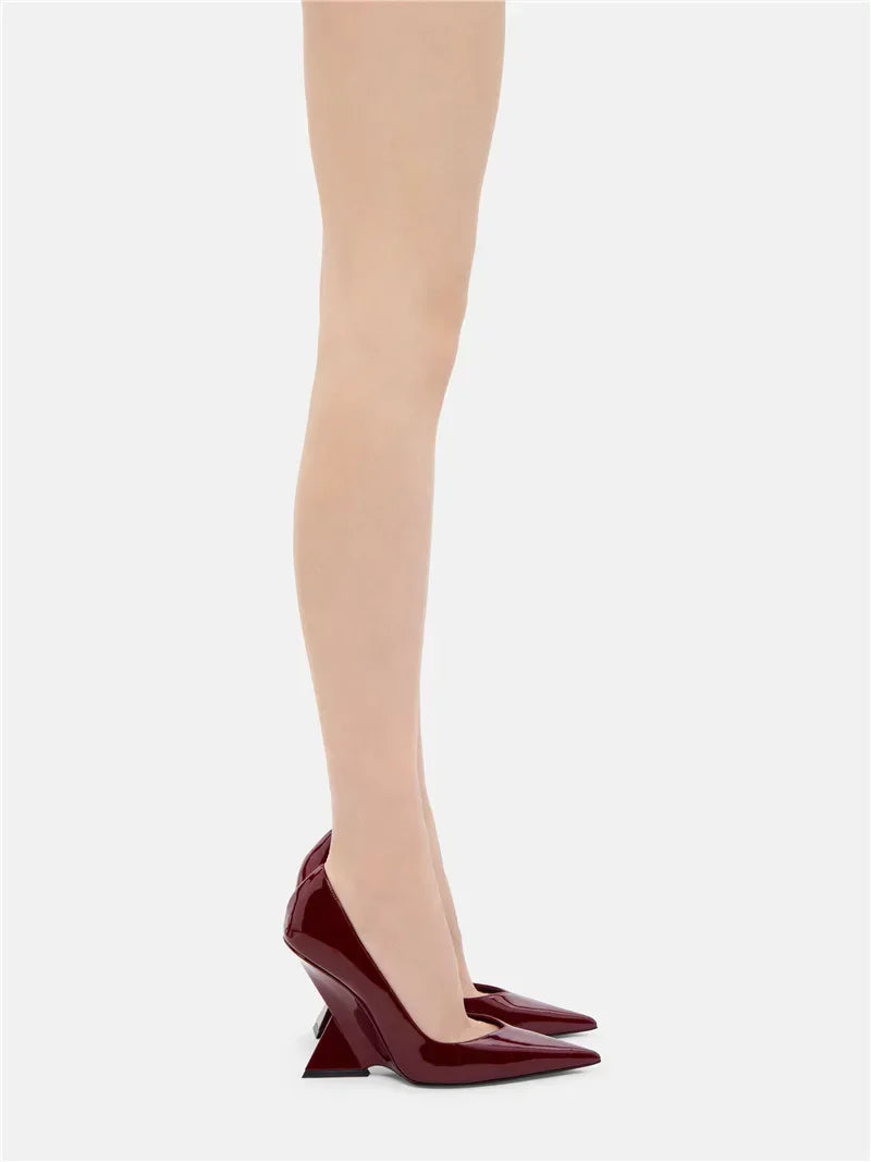 Summer 2024 New High Heels Thick Sole Thick Heel Lacquer Leather Shallow Mouth Pointed Fashion Sexy Women's Oversized Shoes