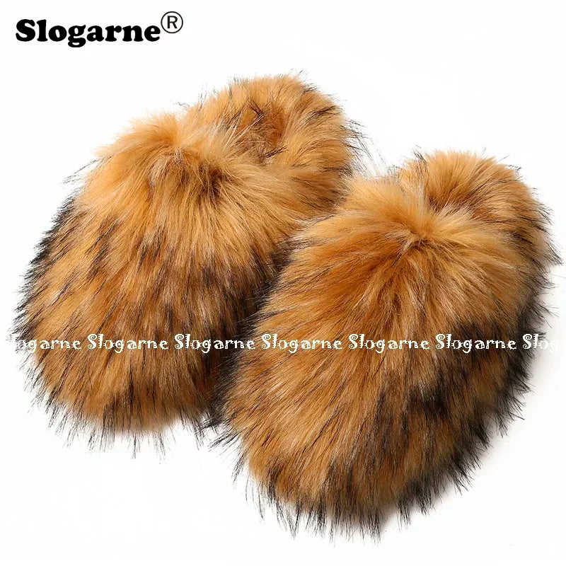 Ladies Winter High Quality Fox Fur Slippers Women Warm Fur Slides Girls Luxury Furry Slippers Soft Comfortable Home Cotton Shoes