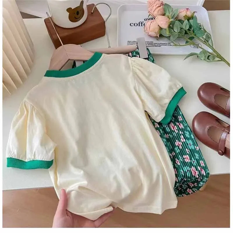 Baby Sets Girls Cute Suit Summer New Outfit Kids Short Sleeve   Cartoon T-Shirt Floral Pants 2-Piece Children Casual Clothing
