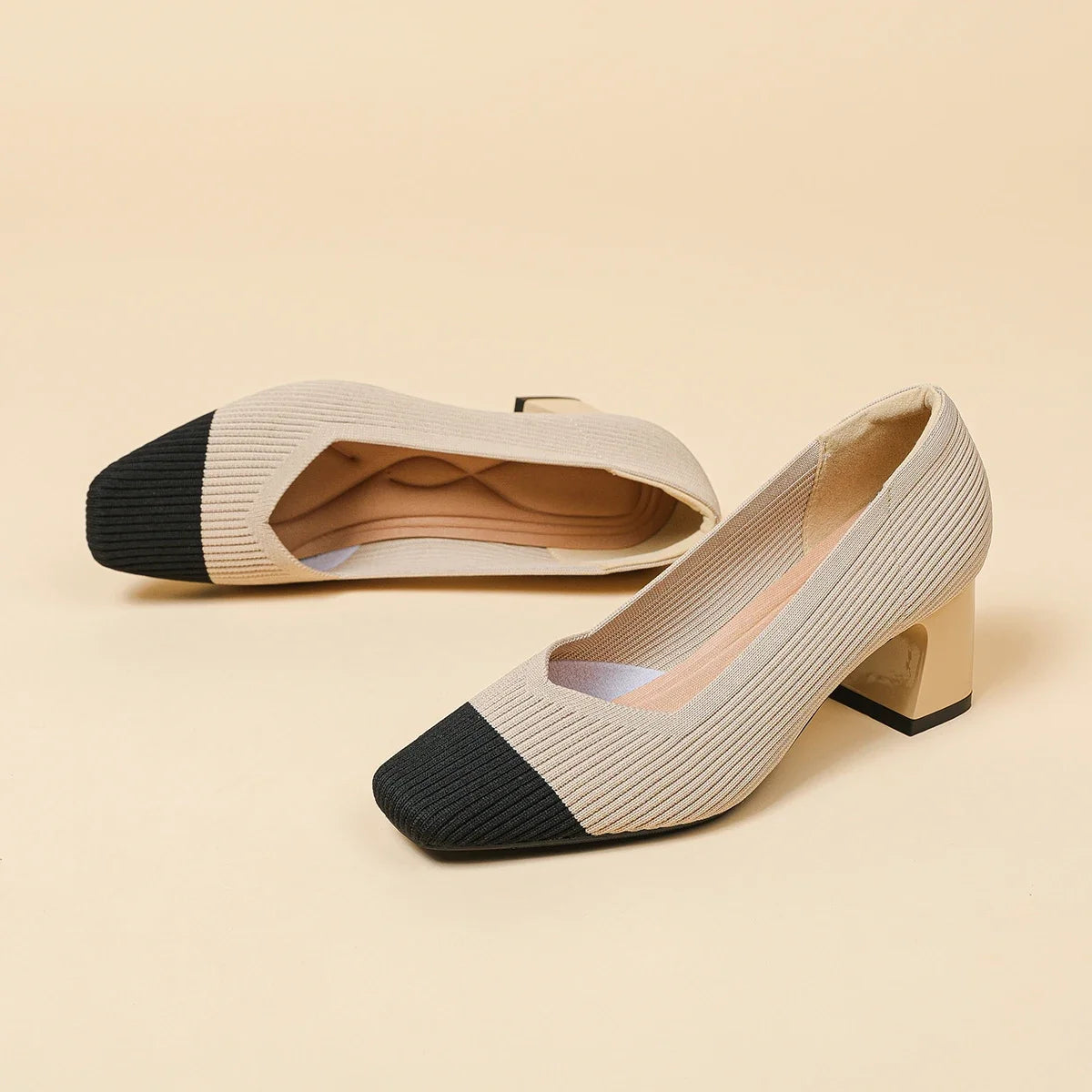 Shoes Woman High Heels Comfortable Square Knitted Breathable Comfortable Women's Flats Shoes (5cm High) 2025 New Collection