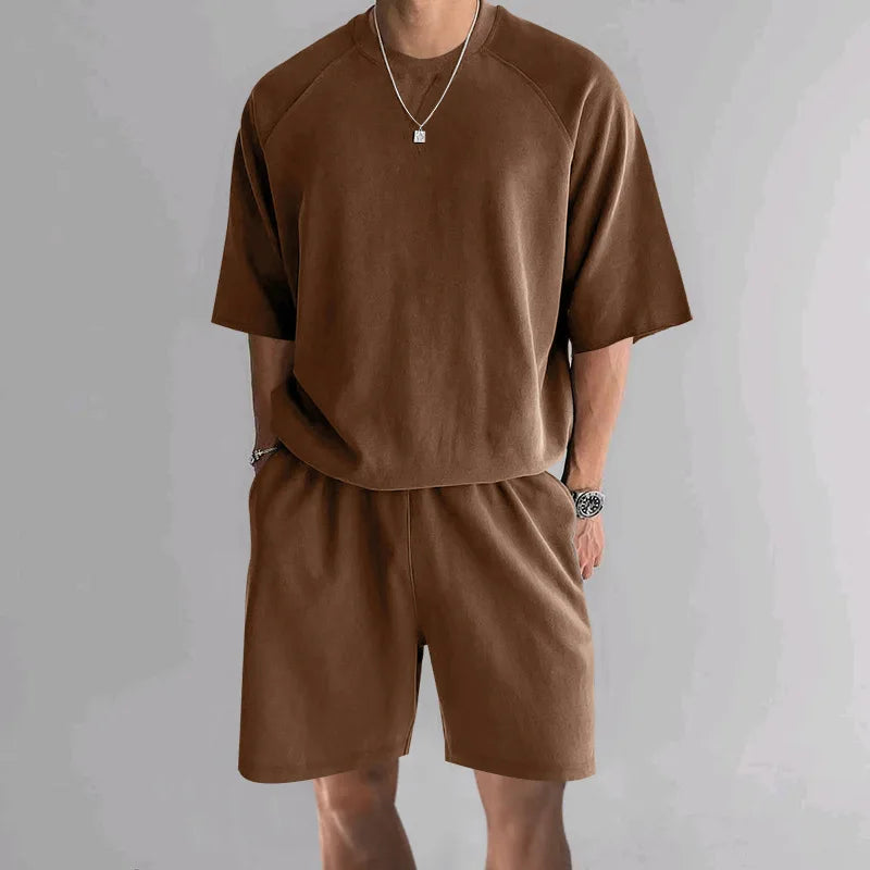 New 2026 Summer Men's Two Piece Sets Casual Loose Short Sleeve O Neck Tees and Shorts Tracksuits Men Stylish Solid Color Suits