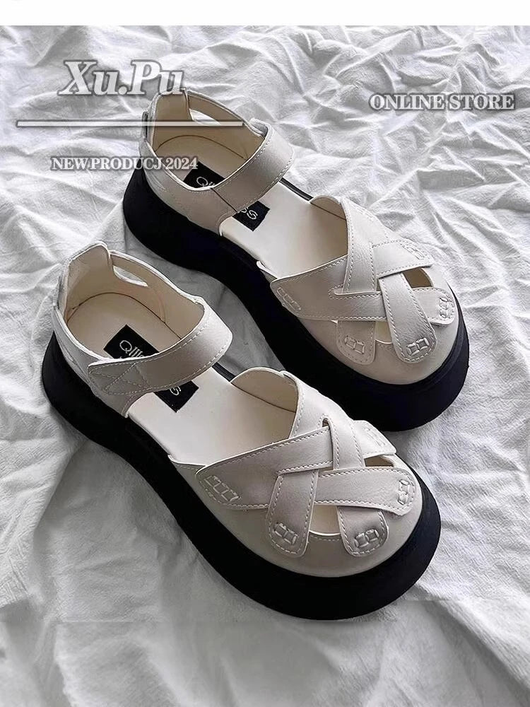 2025 Summer New Retro Style Mary Jane Enclosed Toe Sandals for Women Artistic & Versatile Weaving Style Thick Soled Roman Shoes