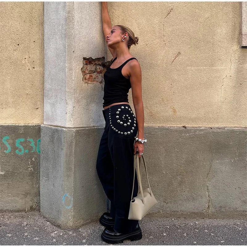 Studs Women Pants Solid Color Pants with Spiral Arranged Studs High Waist Straight Leg Pants Stylish Ladies Outfit  Street Style