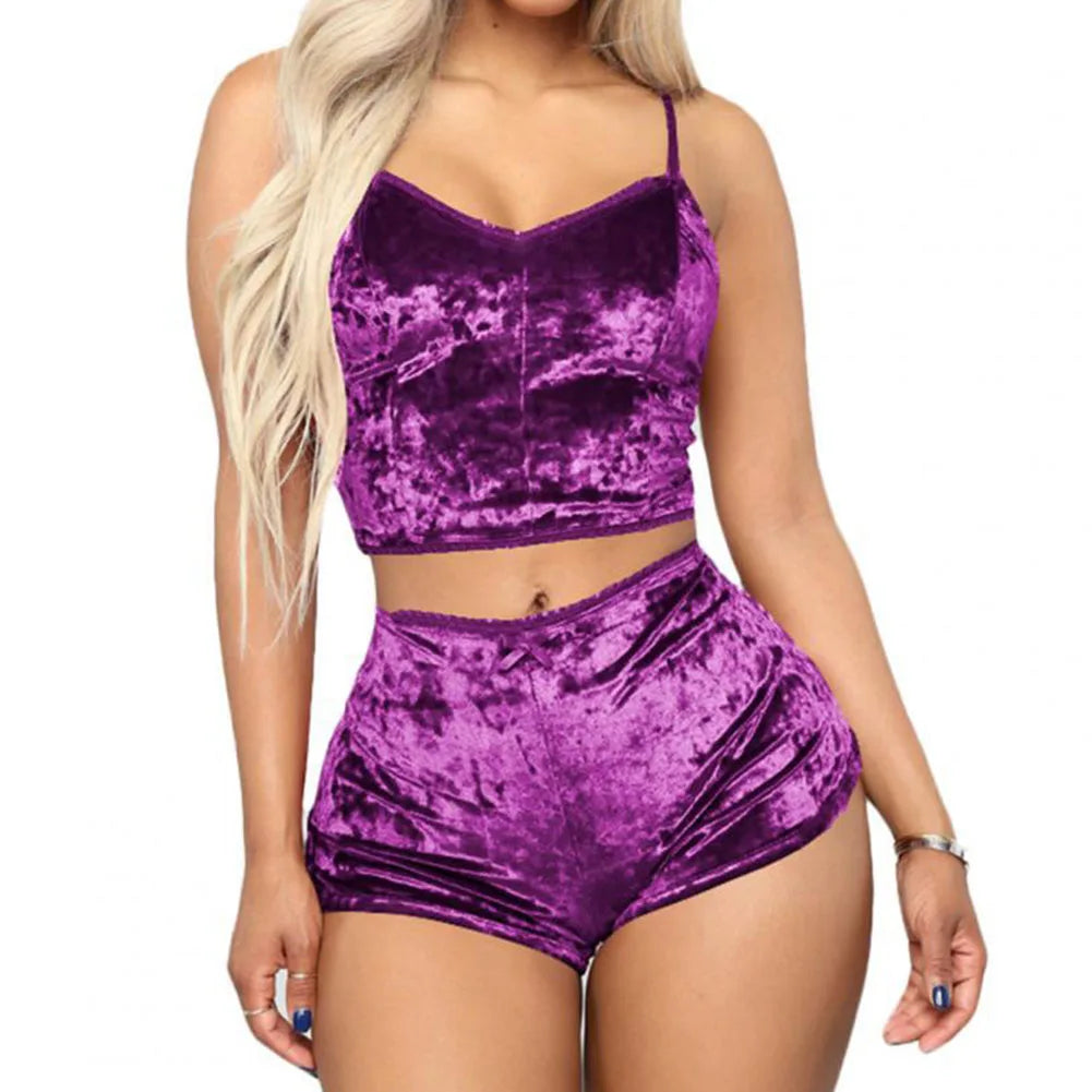 Women Sexy Pajama Set Solid Color V-neck Sleeveless Sexy Underwear Woman Solid Comfortable 2 Piece Lingerie Sleepwear Fashion